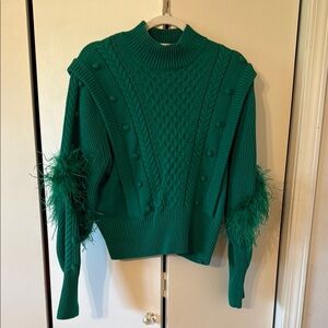 Karen Millen Green Cable Knit Sweater with Feather Accents